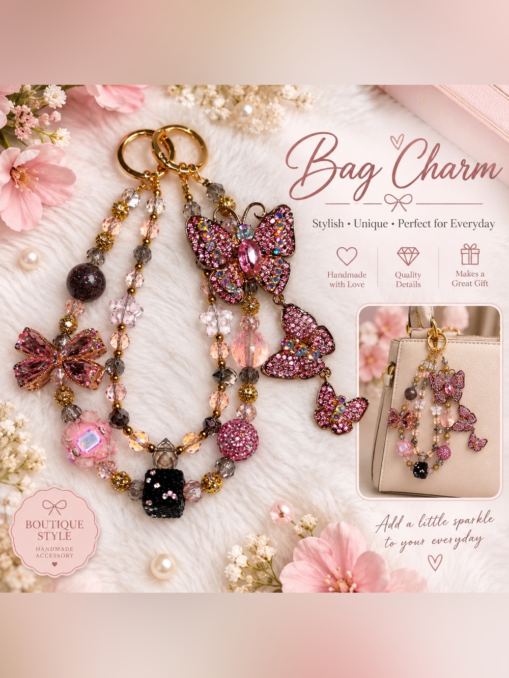 Gorgeous Pink Crystal Butterfly Bag Charm Keychain new